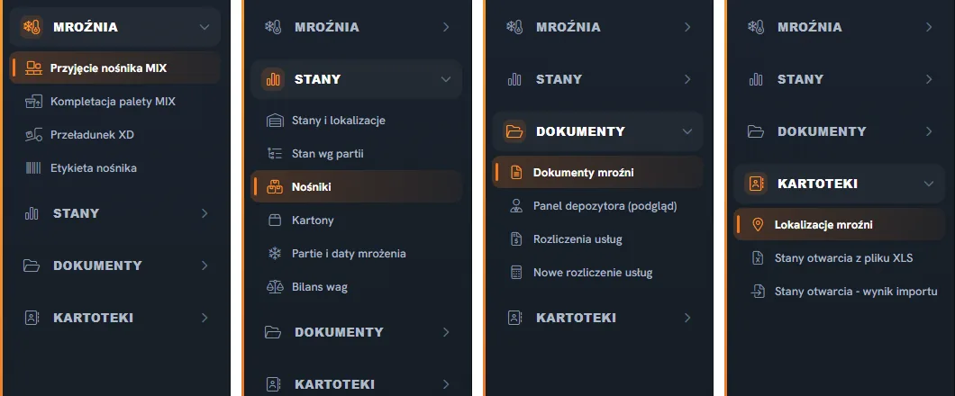 Menu boczne kierownika mroźni w czterech sekcjach: Mroźnia, Stany, Dokumenty i Kartoteki, każda z rozwiniętą listą pozycji
