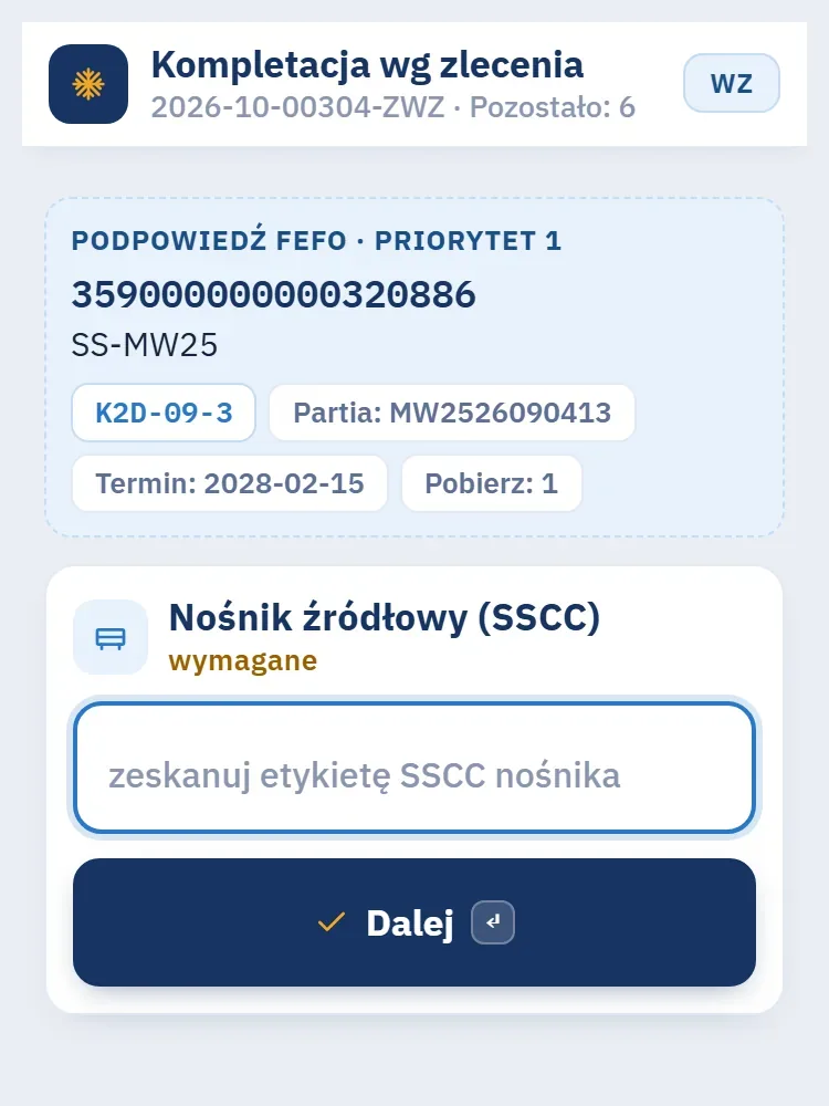 Terminal, kompletacja: karta z podpowiedzią FEFO - nośnik, gniazdo, partia, termin przydatności i liczba kartonów do pobrania