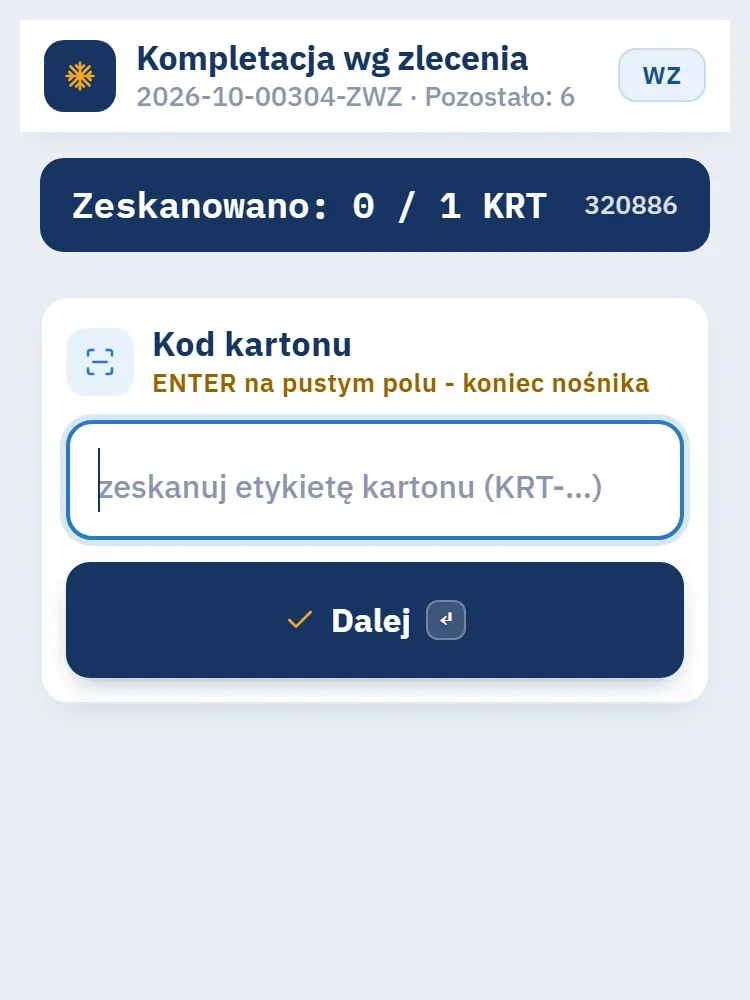 Terminal, krok Kartony z licznikiem Zeskanowano x z y KRT i polem skanu kartonu