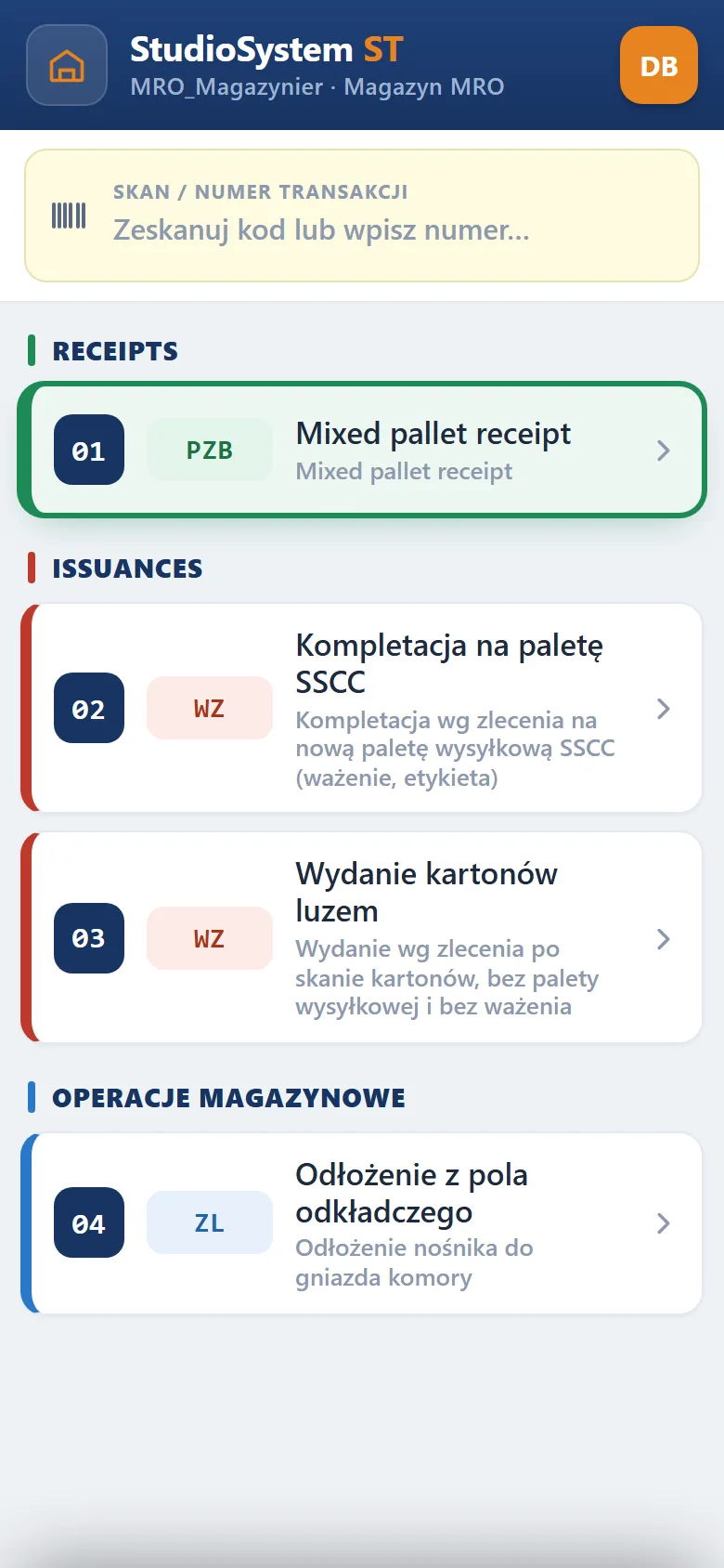 Terminal magazyniera w wersji angielskiej: grupa Receipts z kaflem Mixed pallet receipt, grupa Issuances i grupa Operacje magazynowe