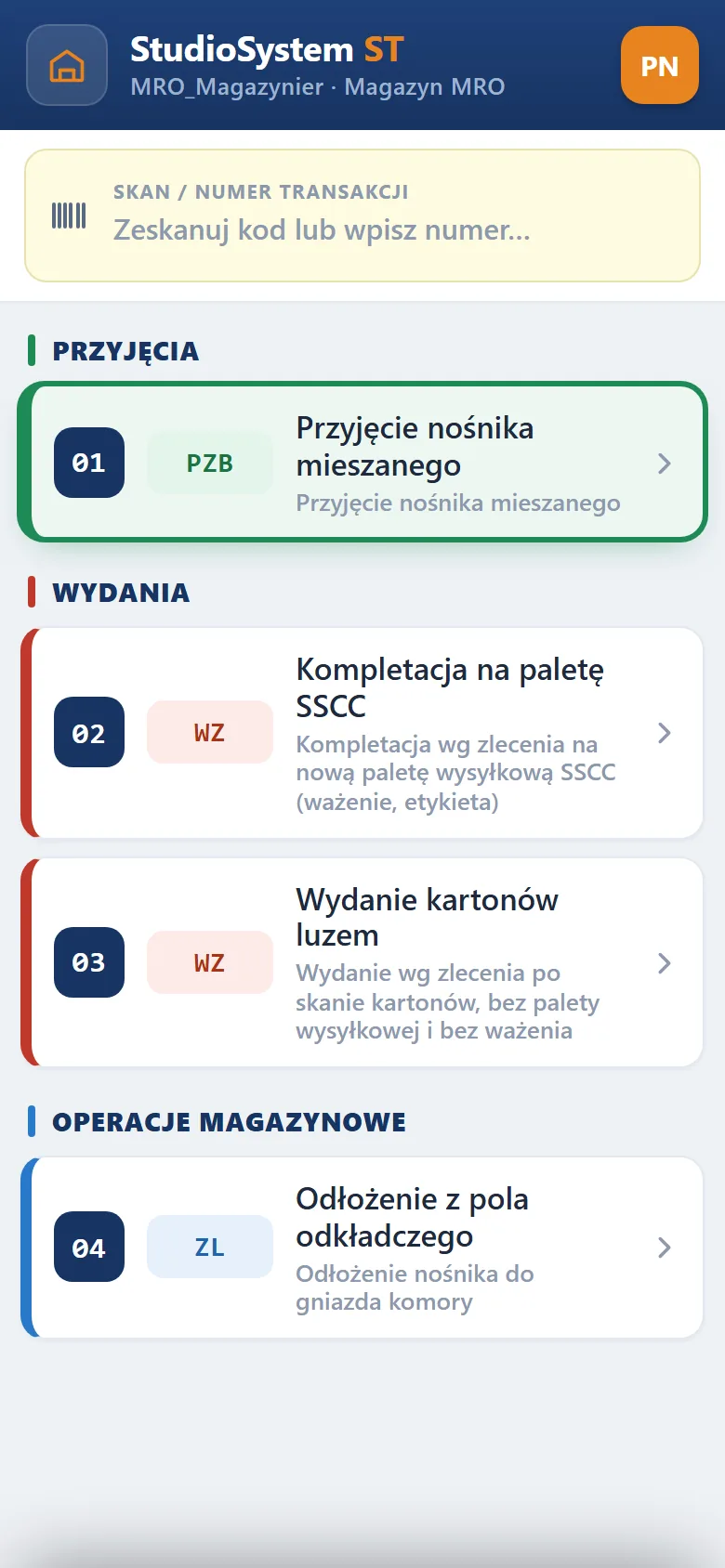 Terminal magazyniera mroźni na telefonie: pole Skan numer transakcji i cztery kafle: 01 PZB Przyjęcie nośnika mieszanego, 02 WZ Kompletacja na paletę SSCC, 03 WZ Wydanie kartonów luzem, 04 ZL Odłożenie z pola odkładczego