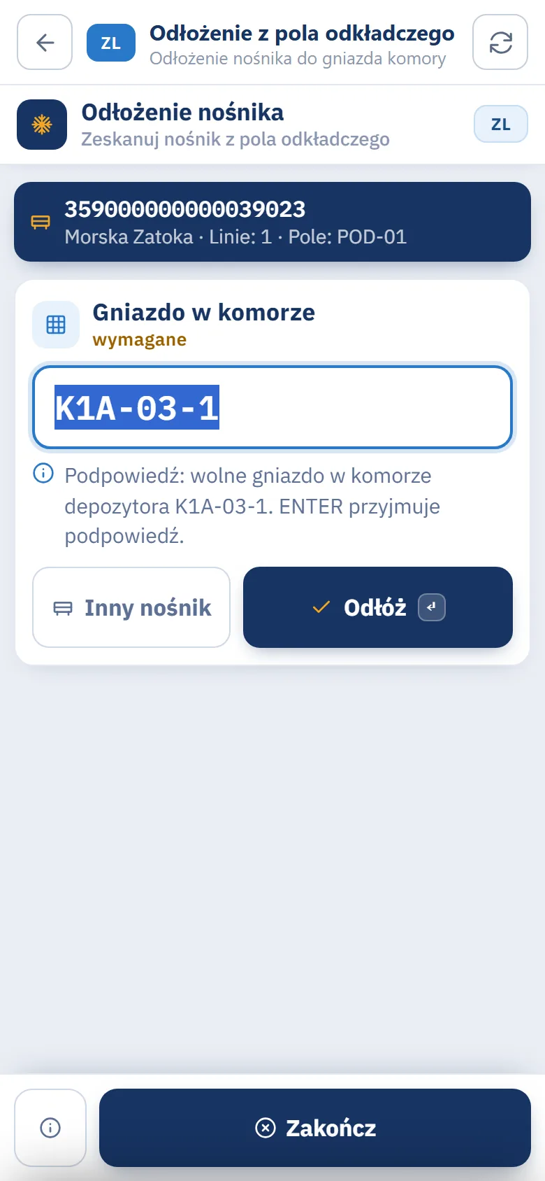 Terminal, krok Gniazdo w komorze: nośnik 359000000000039023 Morska Zatoka na polu POD-01, podpowiedź gniazda K1A-03-1 i przyciski Inny nośnik oraz Odłóż