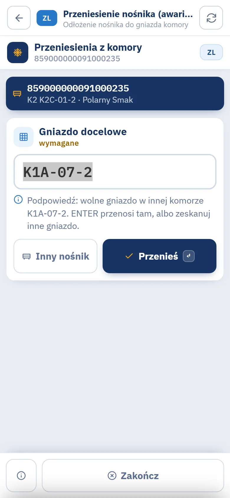 Terminal, krok Gniazdo docelowe: nośnik 859000000091000235 z K2C-01-2, podpowiedź K1A-07-2 i przyciski Inny nośnik i Przenieś