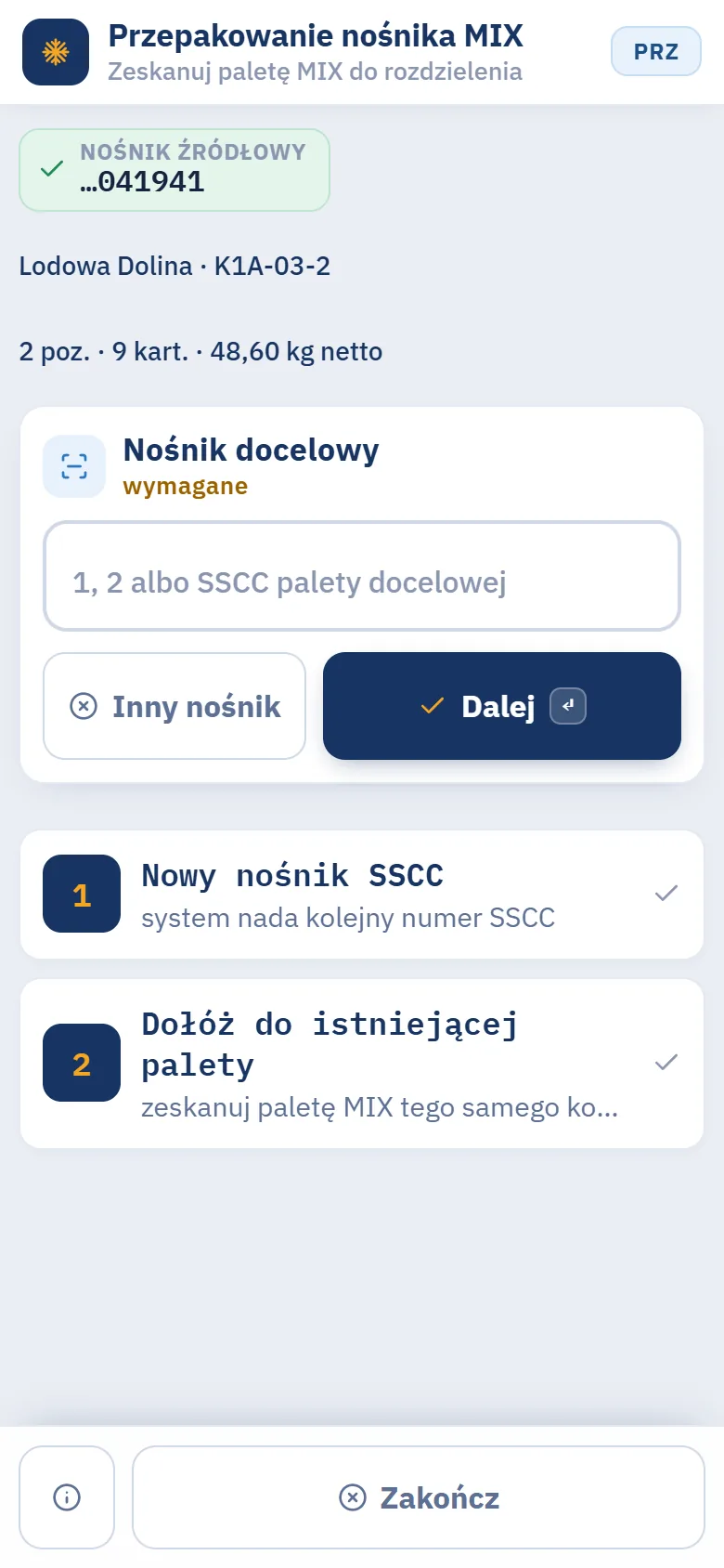 Terminal, krok Nośnik docelowy: paleta źródłowa kontrahenta Lodowa Dolina w gnieździe K1A-03-2, 2 pozycje, 9 kartonów, oraz wybór 1 Nowy nośnik SSCC albo 2 Dołóż do istniejącej palety