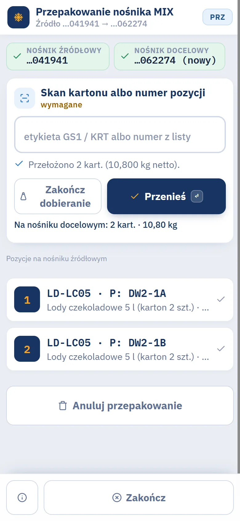 Terminal, Przepakowanie nośnika MIX: chipy nośnika źródłowego i docelowego (nowy), przełożono 2 kartony 10,80 kg, pole Skan kartonu albo numer pozycji, przyciski Zakończ dobieranie i Przenieś oraz lista pozycji palety źródłowej
