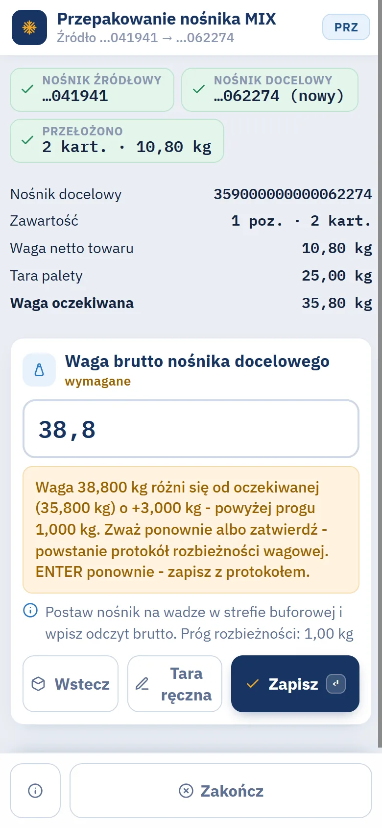Terminal, krok Waga brutto nośnika docelowego: waga oczekiwana 35,80 kg, wpisany odczyt 38,8 kg i żółte ostrzeżenie o różnicy +3 kg powyżej progu 1 kg z prośbą o ponowne zważenie albo drugi ENTER