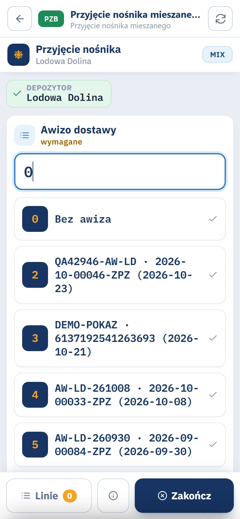 Terminal, krok Awizo dostawy: lista z pozycją 0 Bez awiza i awizami depozytora z numerami dokumentów i datami