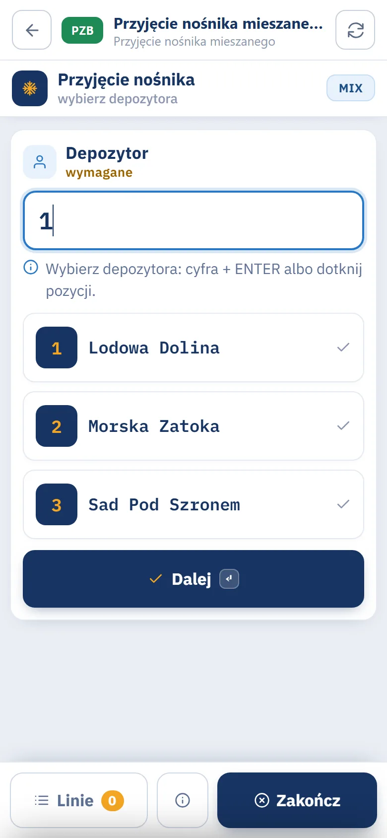 Terminal, krok Depozytor: lista trzech depozytorów Lodowa Dolina, Morska Zatoka i Sad Pod Szronem z numerami 1, 2 i 3