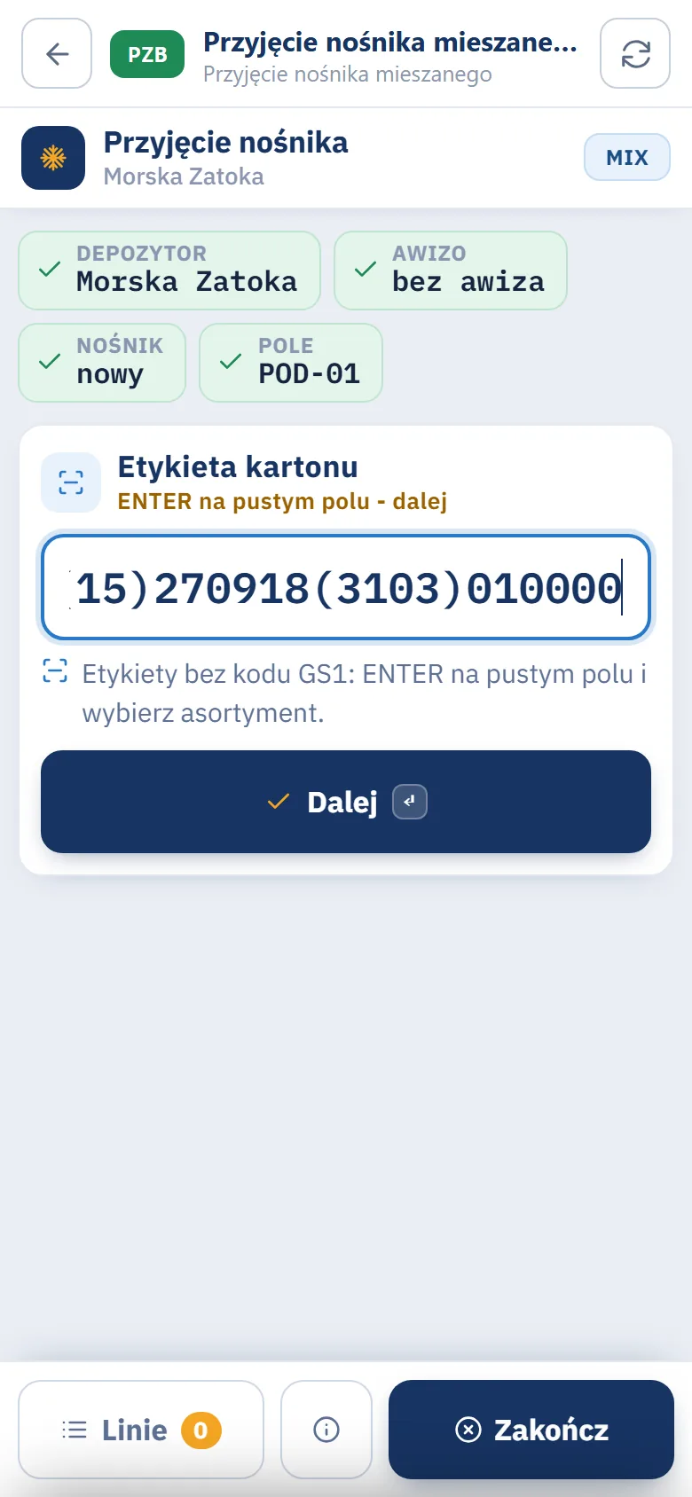 Terminal, krok Etykieta kartonu: zeskanowana etykieta GS1 w polu, chipy zrobionych kroków Depozytor, Awizo, Nośnik i Pole