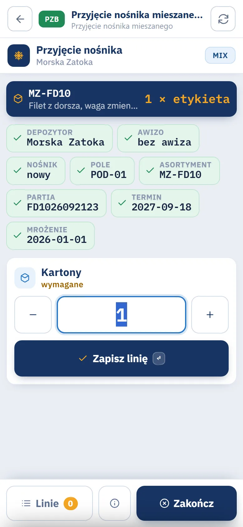 Terminal, krok Kartony z liczbą 1, przyciskami minus i plus oraz przyciskiem Zapisz linię