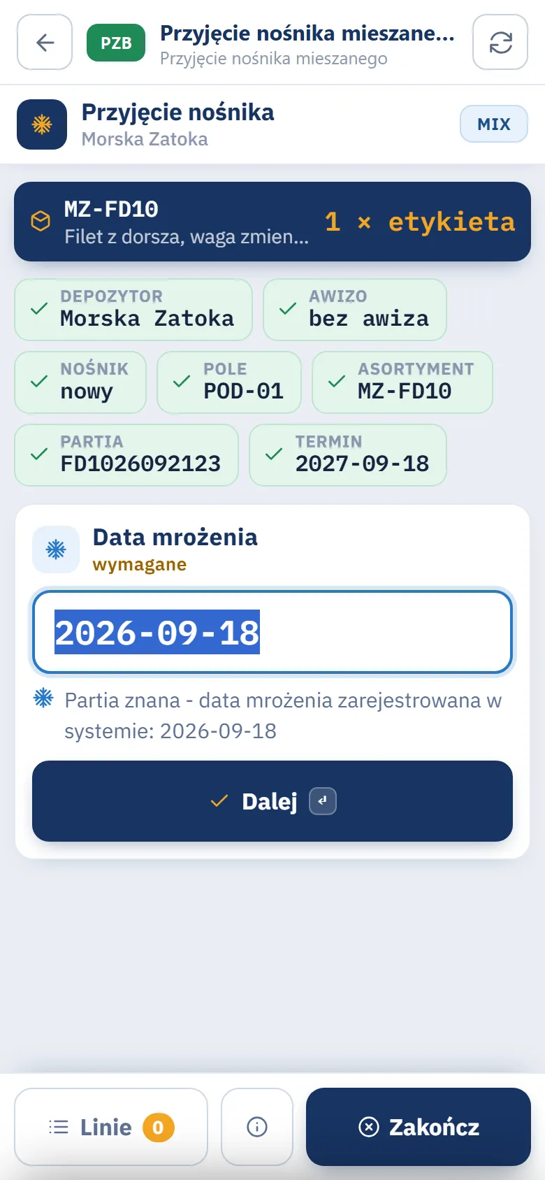 Terminal, krok Data mrożenia z datą 2026-09-18 i komunikatem Partia znana, data mrożenia zarejestrowana w systemie