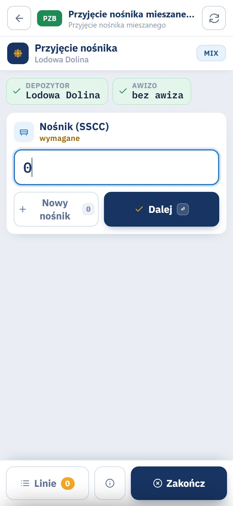Terminal, krok Nośnik (SSCC) z przyciskiem Nowy nośnik i przyciskiem Dalej