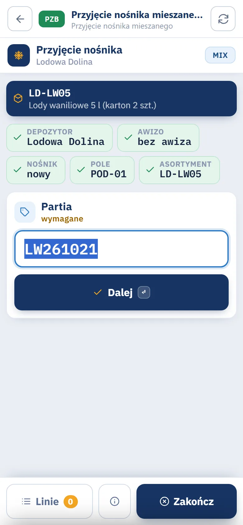 Terminal, krok Partia z wartością LW261021 wczytaną z etykiety i chipami zrobionych kroków