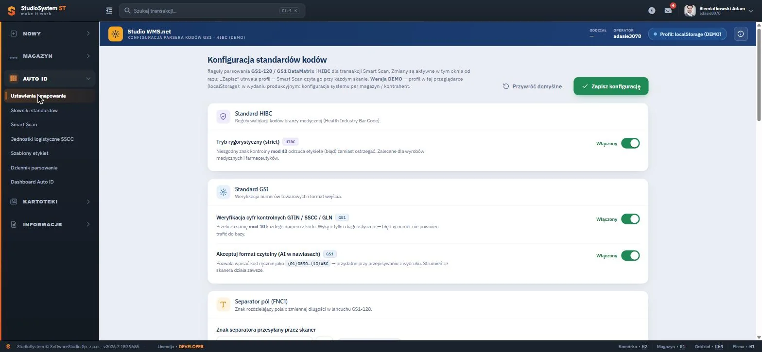 Studio WMS.net moduł AUTO ID - konfiguracja standardów kodów GS1 i HIBC z trybem rygorystycznym i separatorem FNC1