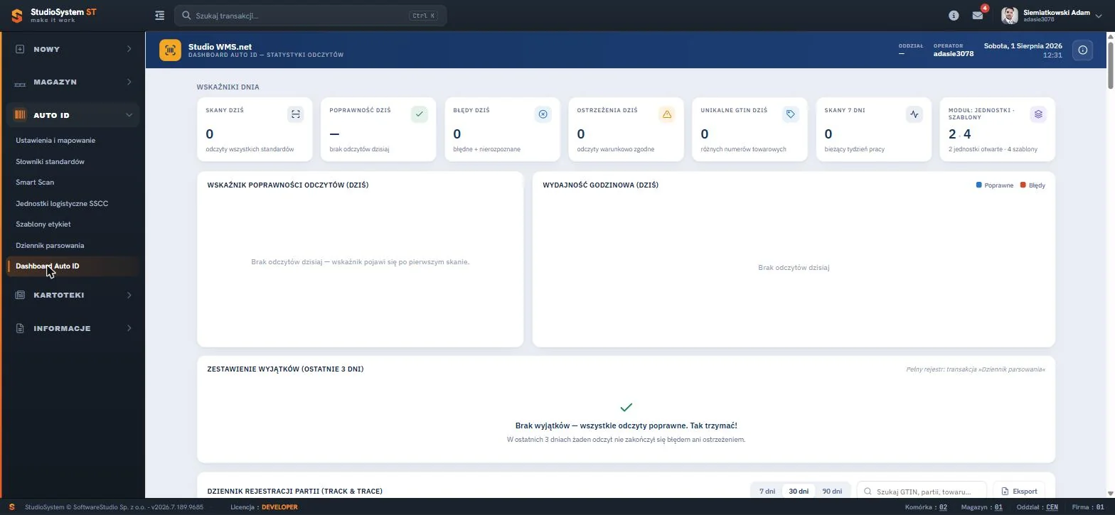 Studio WMS.net dashboard Auto ID - wskaźniki dnia, wykresy poprawności odczytów oraz rejestr partii Track and Trace