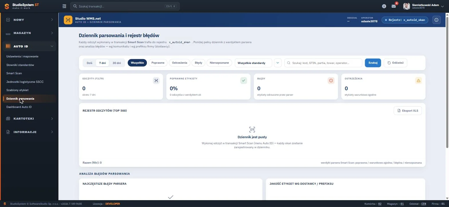 Studio WMS.net dziennik parsowania Auto ID - filtry okresu i werdyktu oraz kafelki statystyczne odczytów poprawnych i błędnych