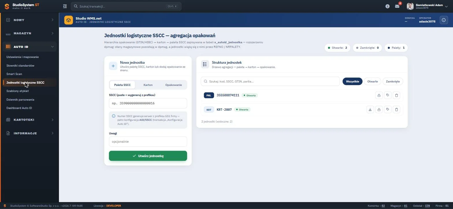 Studio WMS.net jednostki logistyczne SSCC - panel tworzenia nowej palety z automatycznym numerem SSCC i drzewem struktury opakowań
