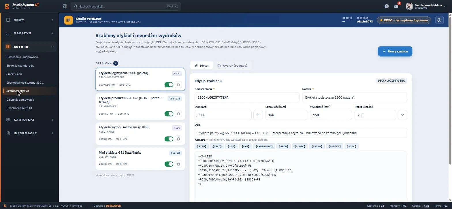 Studio WMS.net szablony etykiet ZPL - lista czterech szablonów oraz edytor kodu ZPL z tokenami danych GTIN, SSCC i LOT