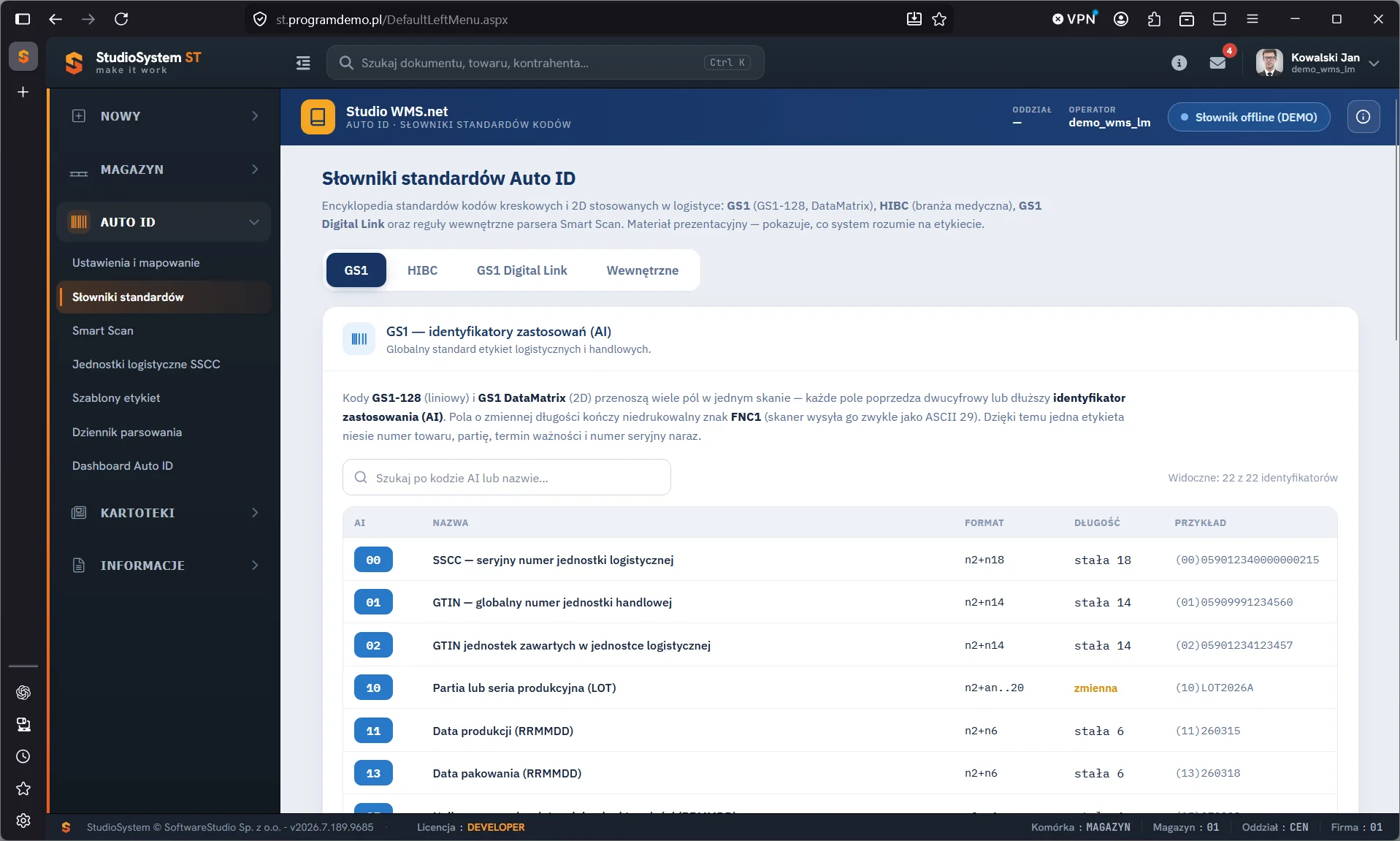 Studio WMS.net - słownik standardów Auto ID z tabelą identyfikatorów GS1: SSCC (00), GTIN (01 i 02), partia (10) i daty RRMMDD