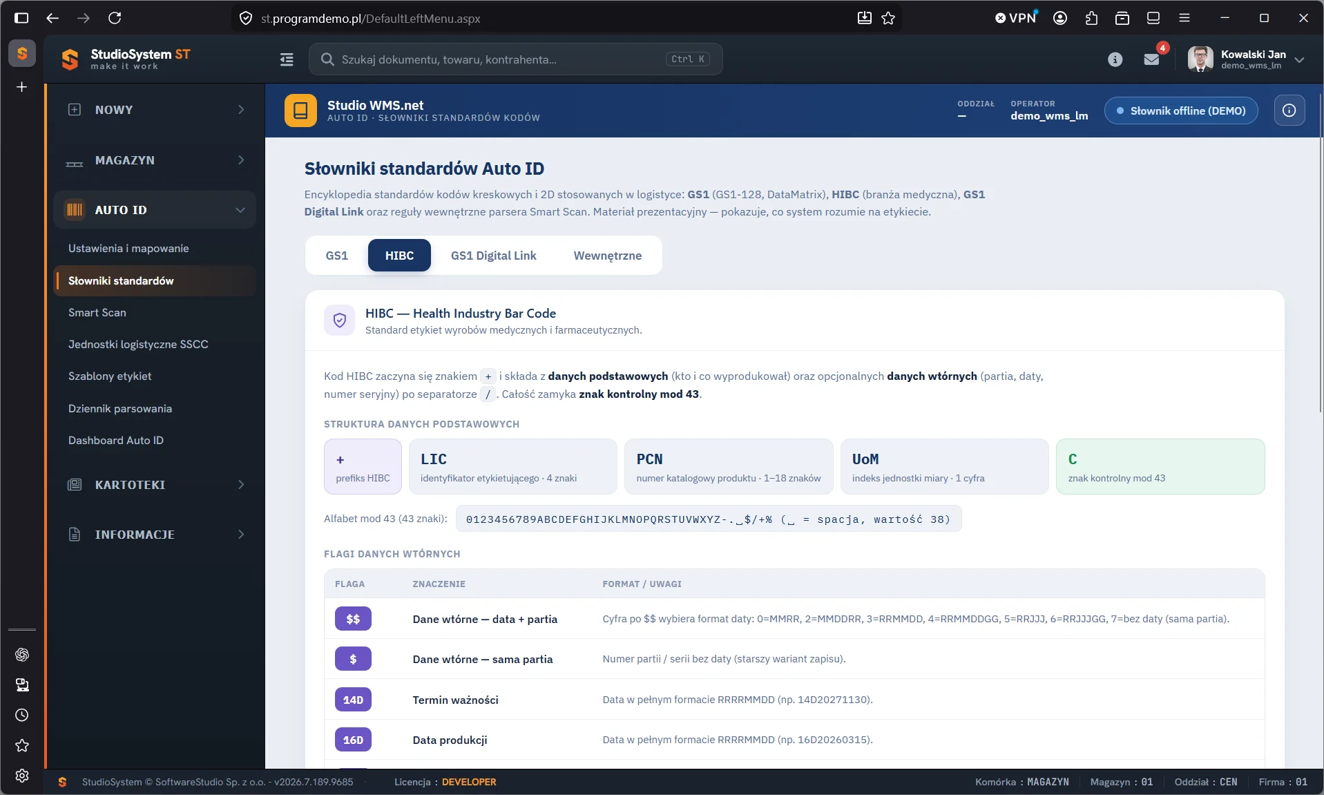Studio WMS.net - zakładka HIBC słowników standardów ze strukturą danych podstawowych, alfabetem znaku kontrolnego mod 43 i tabelą flag danych wtórnych