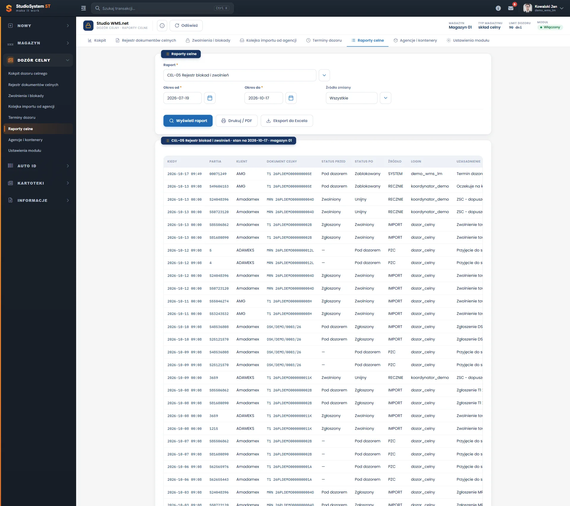Studio WMS.net, raport CEL-05 Rejestr blokad i zwolnień z kolumnami Status przed, Status po, Źródło i Uzasadnienie