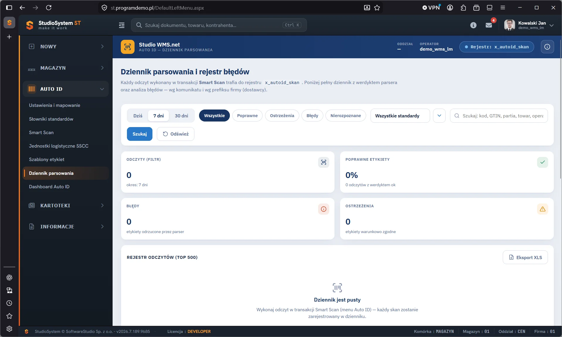 Studio WMS.net - dziennik parsowania i rejestr błędów z filtrami okresu, werdyktu i standardu oraz kafelkami odczytów, poprawnych etykiet, błędów i ostrzeżeń