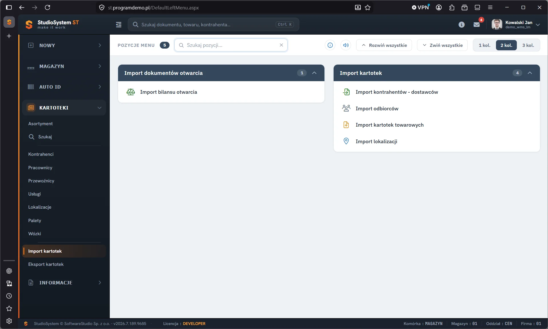 Studio WMS.net - menu Import kartotek z importem bilansu otwarcia oraz importem kontrahentów, odbiorców, kartotek towarowych i lokalizacji