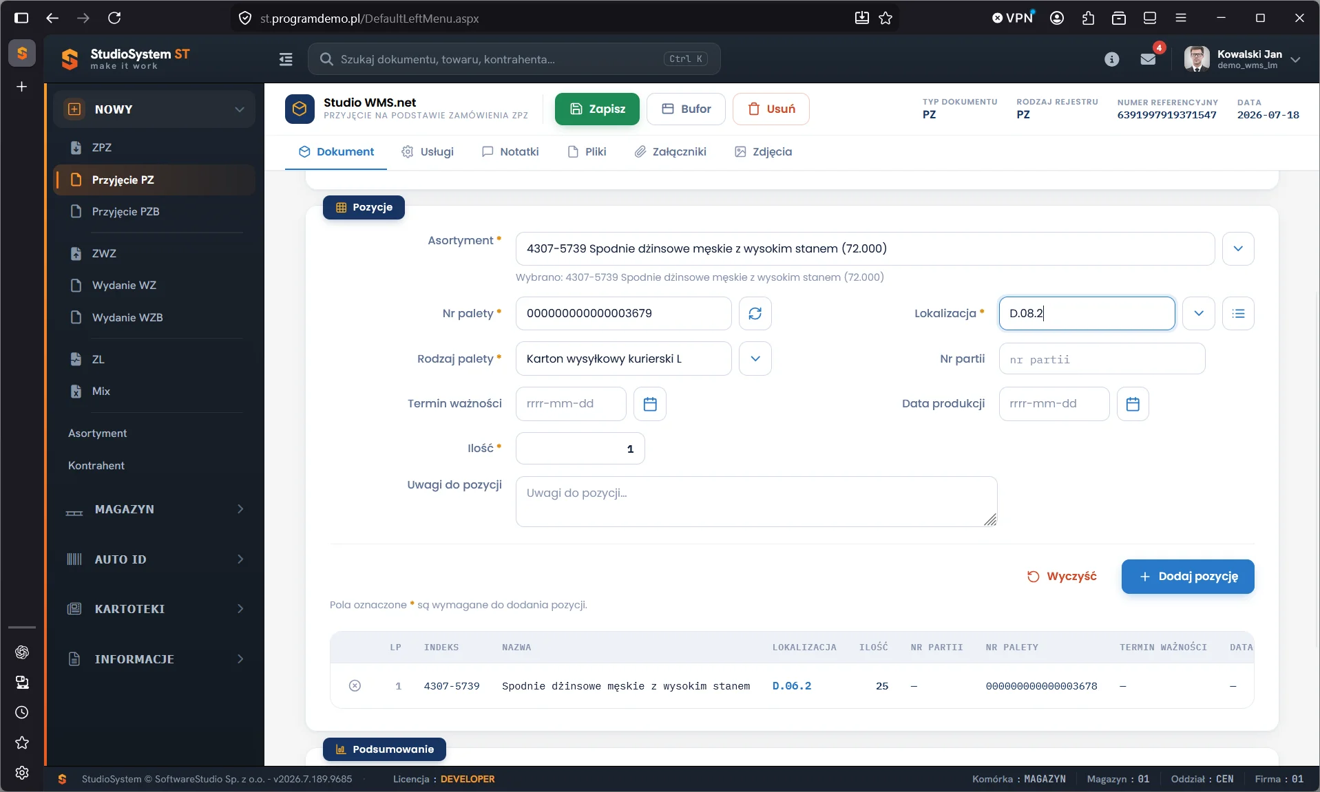Studio WMS.net - pozycje dokumentu przyjęcia PZ w przeglądarce z polami numer palety, lokalizacja, numer partii, termin ważności i data produkcji