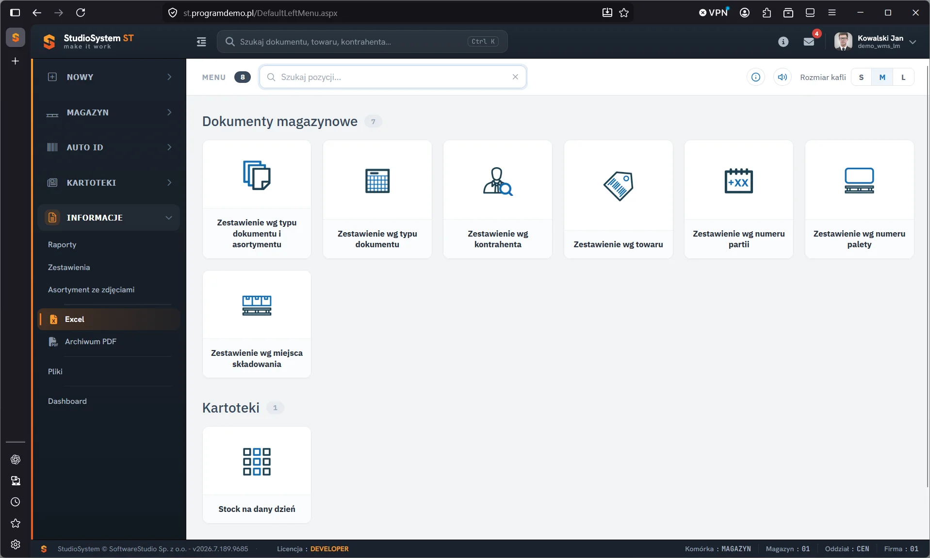 Studio WMS.net - menu Excel w sekcji INFORMACJE z kaflami zestawień dokumentów magazynowych według typu, kontrahenta, towaru, partii i palety