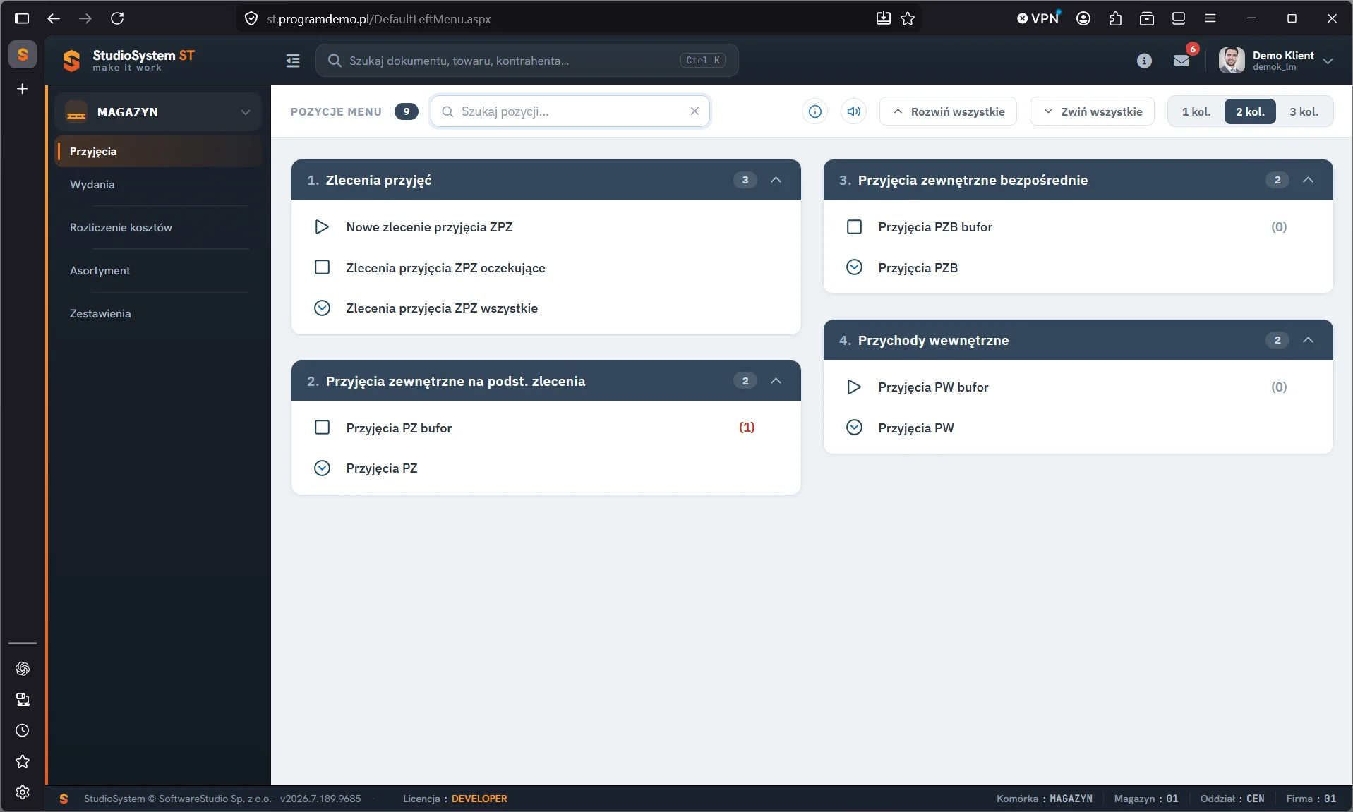 Studio WMS.net panel klienta - menu Przyjęcia z pozycją nowego zlecenia ZPZ, zleceniami oczekującymi i wszystkimi oraz rejestrami przyjęć PZ, PZB i PW