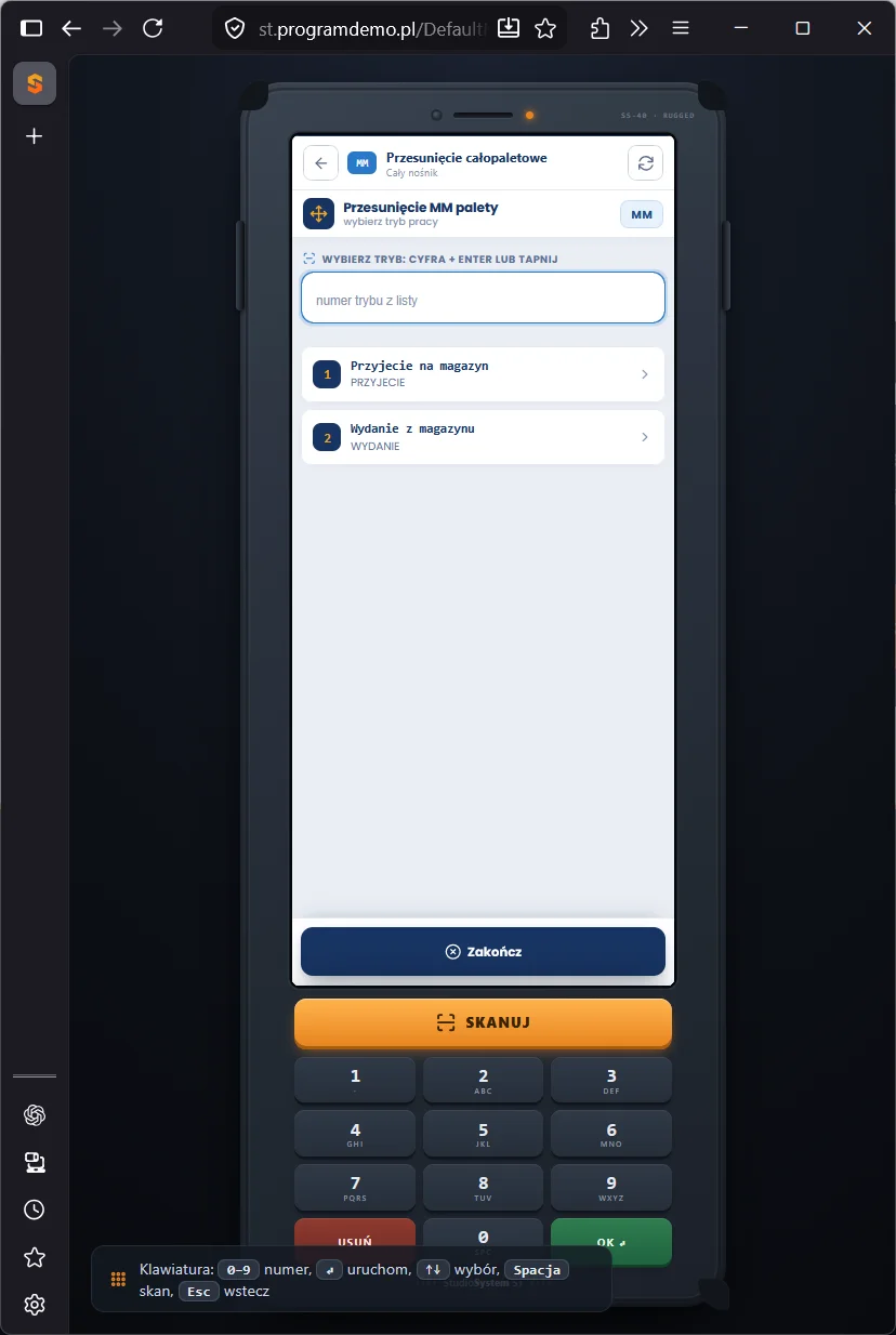 Kolektor Android Studio WMS.net - transakcja przesunięcia MM palety z wyborem trybu pracy: przyjęcie na magazyn albo wydanie z magazynu