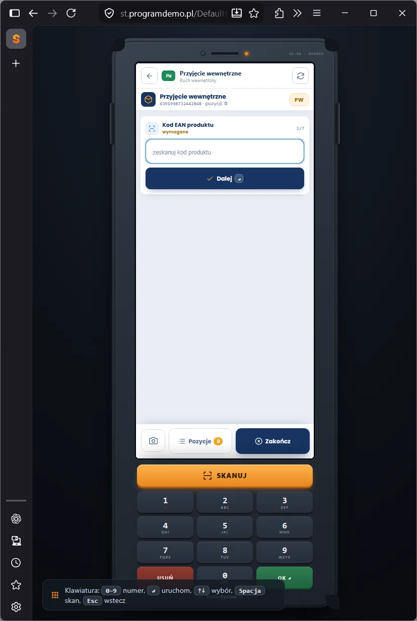 Kolektor Android Studio WMS.net - transakcja PW, krok 1/7 Kod EAN produktu oznaczony jako wymagany, przycisk Dalej oraz przyciski aparatu, Pozycje i Zakończ