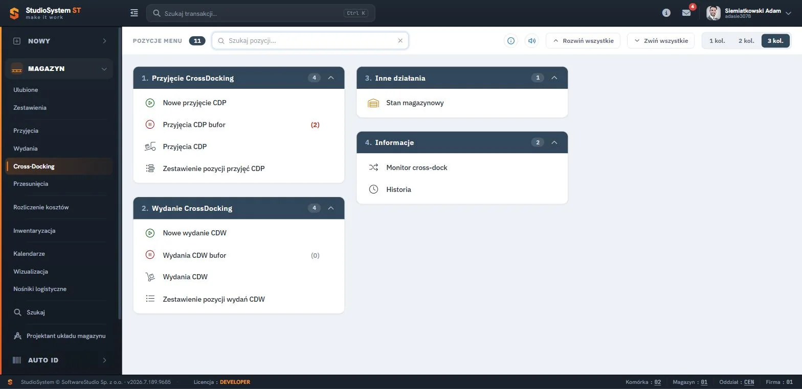 Studio WMS.net sekcja MAGAZYN - menu Cross-Docking z blokami przyjęcia CDP, wydania CDW, stanu magazynowego oraz monitora i historii