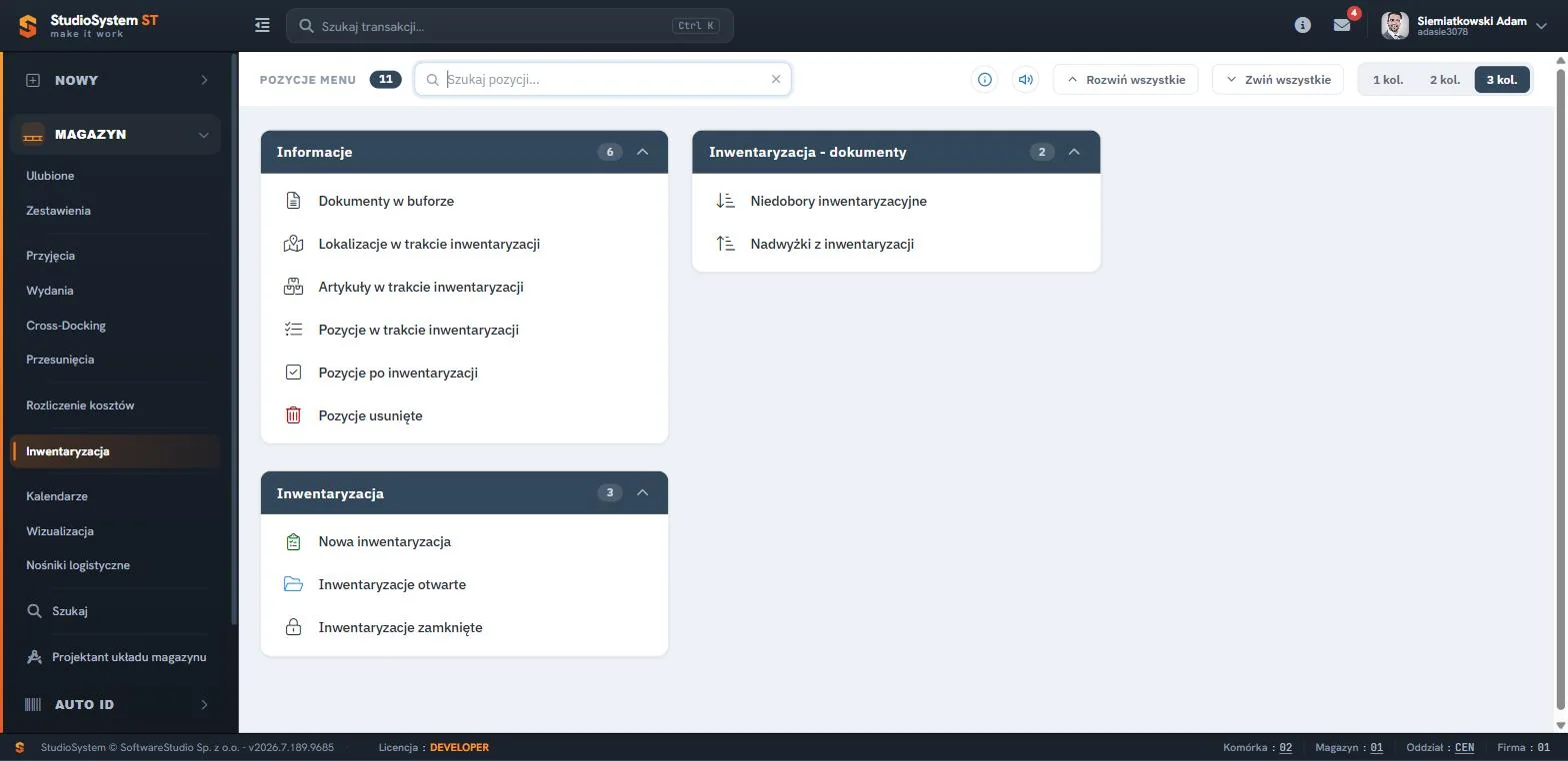 Studio WMS.net sekcja MAGAZYN - menu Inwentaryzacja z blokami Informacje, Inwentaryzacja - dokumenty oraz Inwentaryzacja