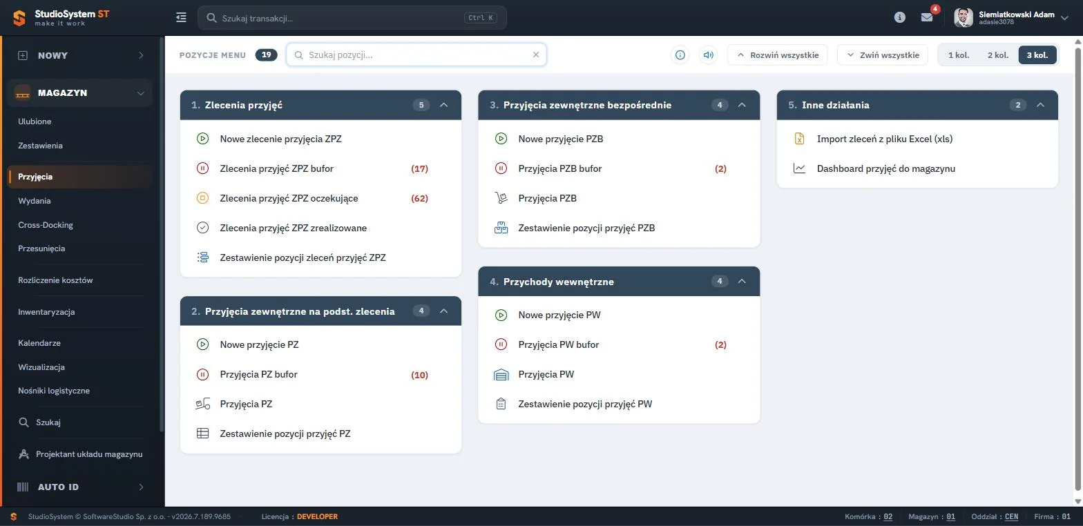 Studio WMS.net sekcja MAGAZYN - menu Przyjęcia z kaflami zleceń ZPZ, dokumentów PZ, PZB i przychodów wewnętrznych PW