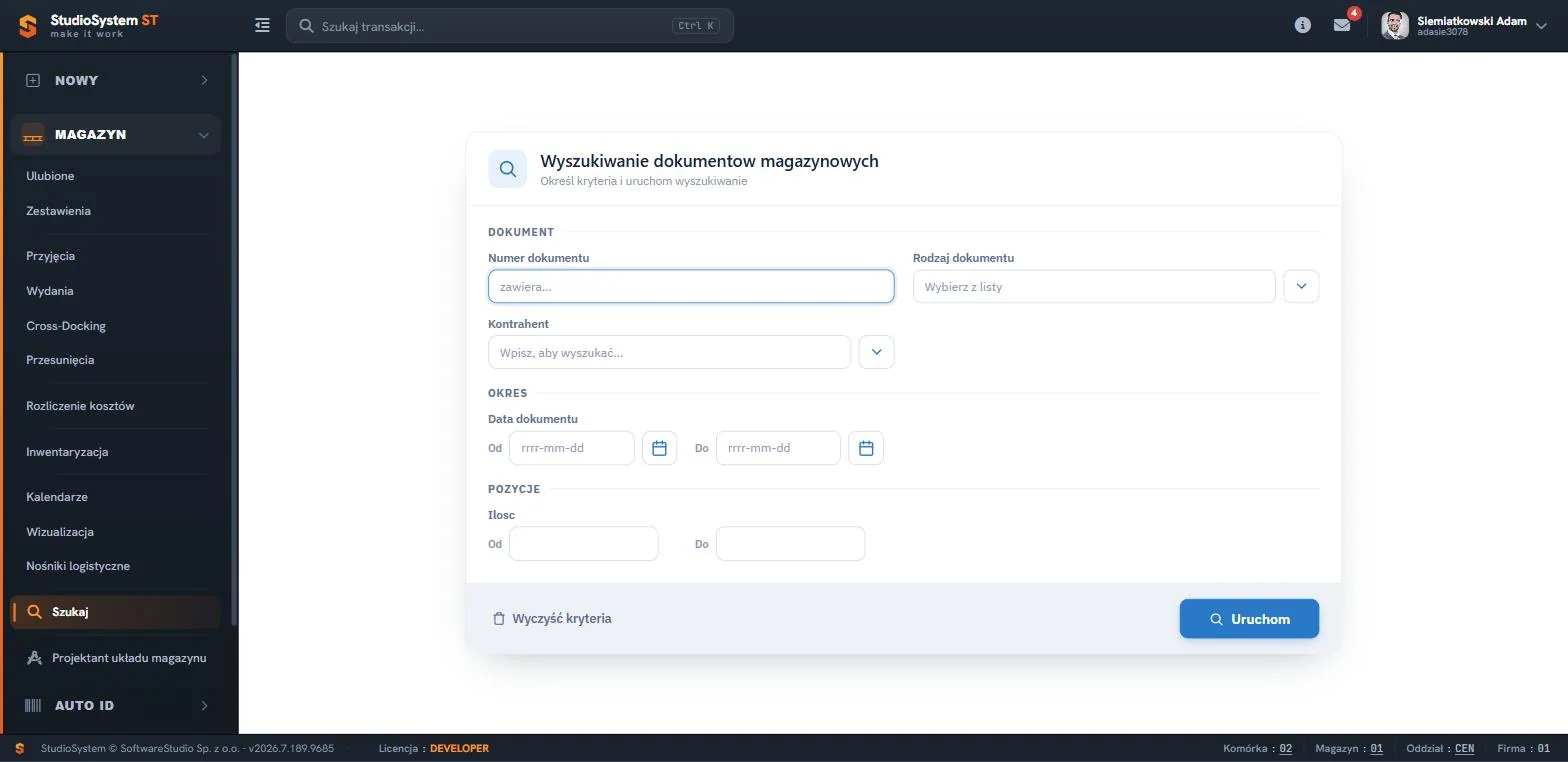 Studio WMS.net - formularz wyszukiwania dokumentów magazynowych z sekcjami Dokument, Okres i Pozycje