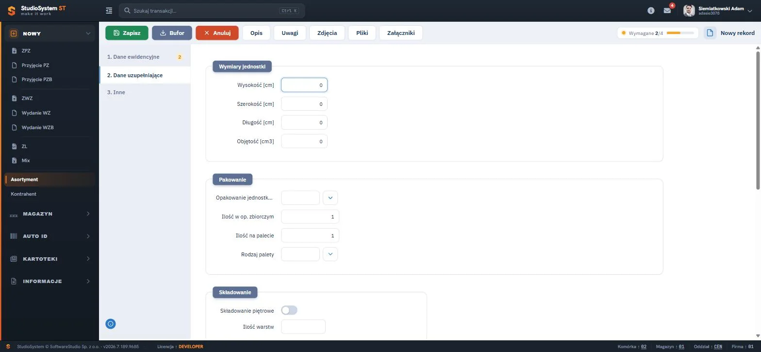 Studio WMS.net - formularz asortymentu zakładka dane uzupełniające z wymiarami, pakowaniem i definicjami zapasów