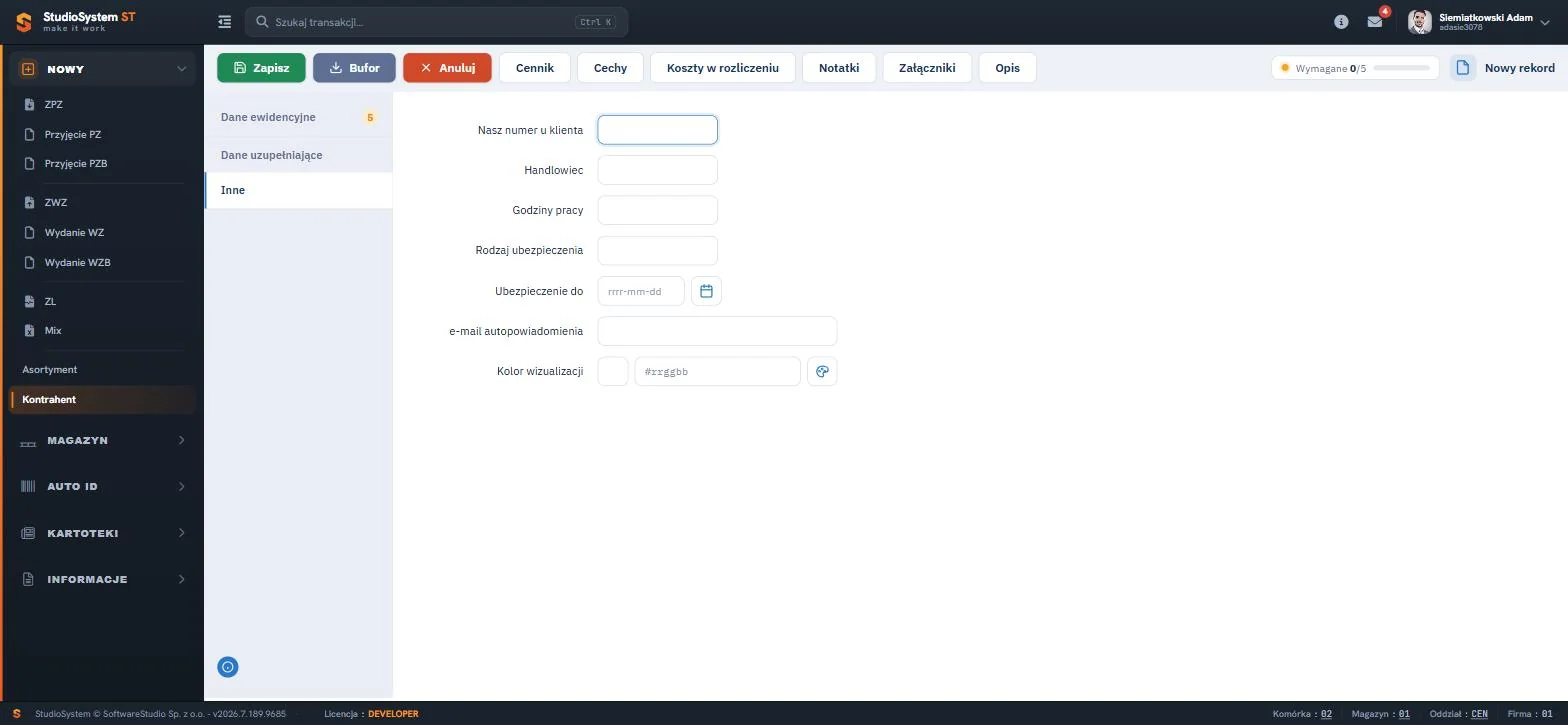 Studio WMS.net - formularz kontrahenta zakładka inne z godzinami pracy, ubezpieczeniem i e-mail autopowiadomień