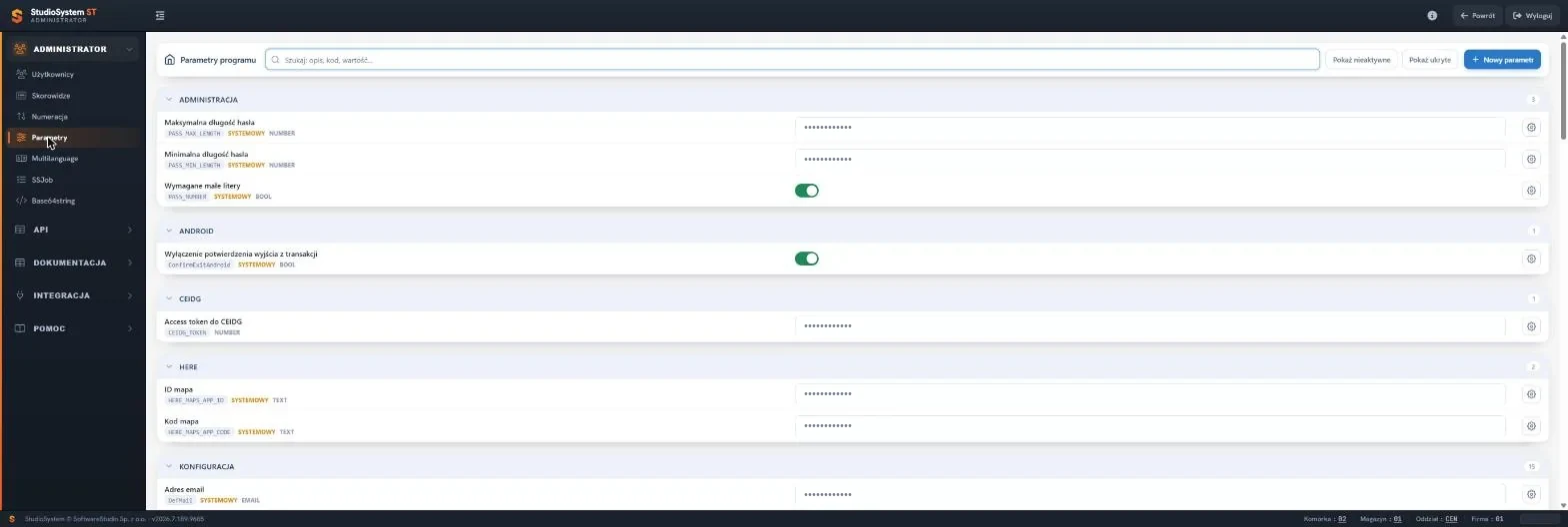 Studio WMS.net panel administratora - ekran Parametry programu z wyszukiwarką i zwijanymi grupami; wartości pól zasłonięto