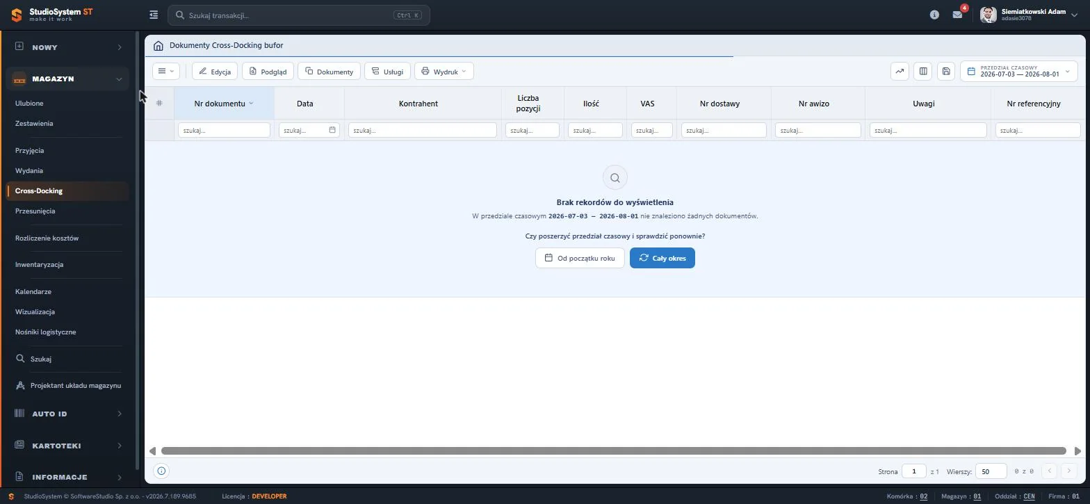 Studio WMS.net - pusty rejestr dokumentów cross-docking w buforze z komunikatem o braku rekordów w przedziale czasowym i przyciskami poszerzenia zakresu dat