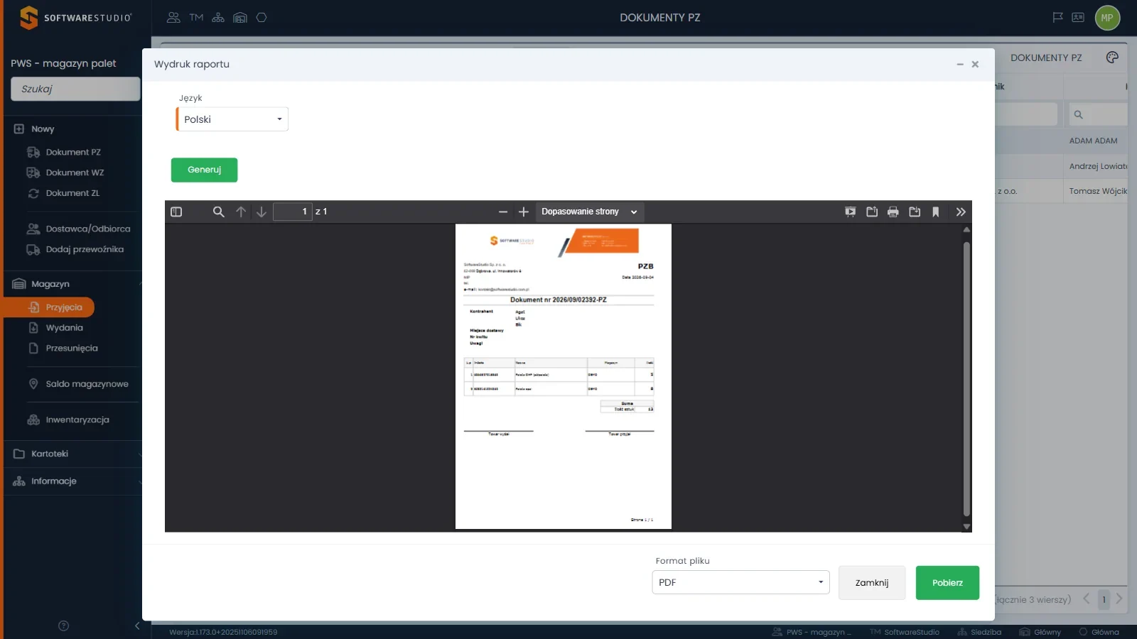 Okno Wydruk raportu w Studio PWS.net z wyborem języka i formatu pliku oraz podglądem PDF dokumentu przyjęcia