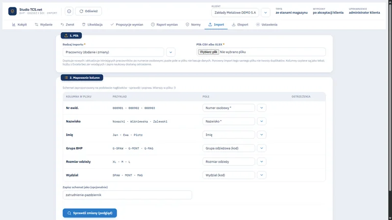 Ekran Import w Studio TCS.net z mapowaniem kolumn pliku na pola pracownika
