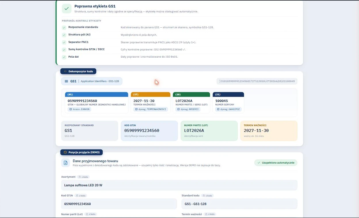 Moduł Auto ID w Studio WMS.net - protokół kontroli etykiety GS1 i dekompozycja kodu GS1-128 na GTIN, termin ważności, partię i numer seryjny