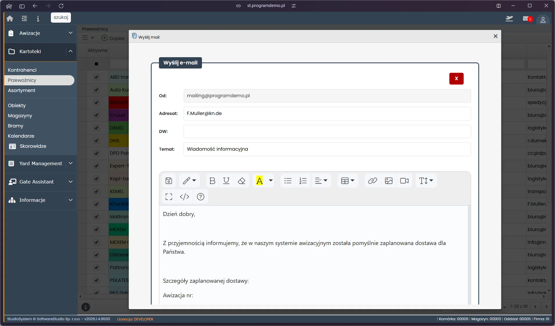 Formularz wysyłki e-mail do przewoźnika z edytorem tekstu i treścią o dostawie - VSS.net