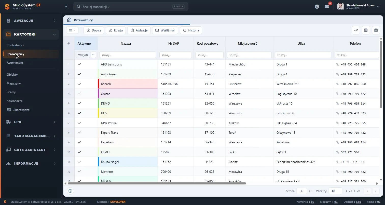 Kartoteka przewoźników Studio VSS.net - lista firm transportowych z numerem SAP i telefonem kontaktowym