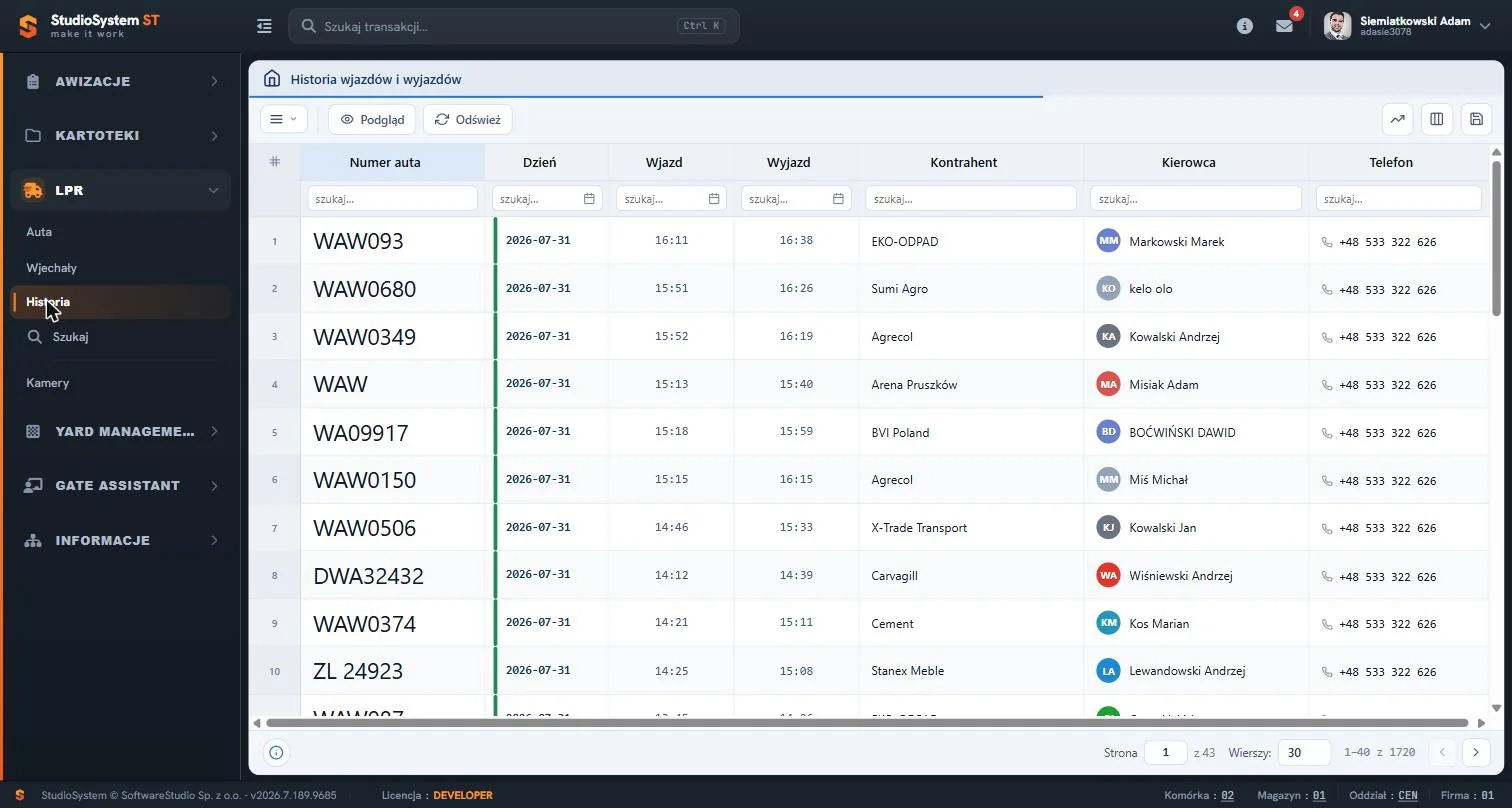 Historia wjazdów i wyjazdów LPR w Studio VSS.net - log ruchu pojazdów z godzinami wjazdu i wyjazdu