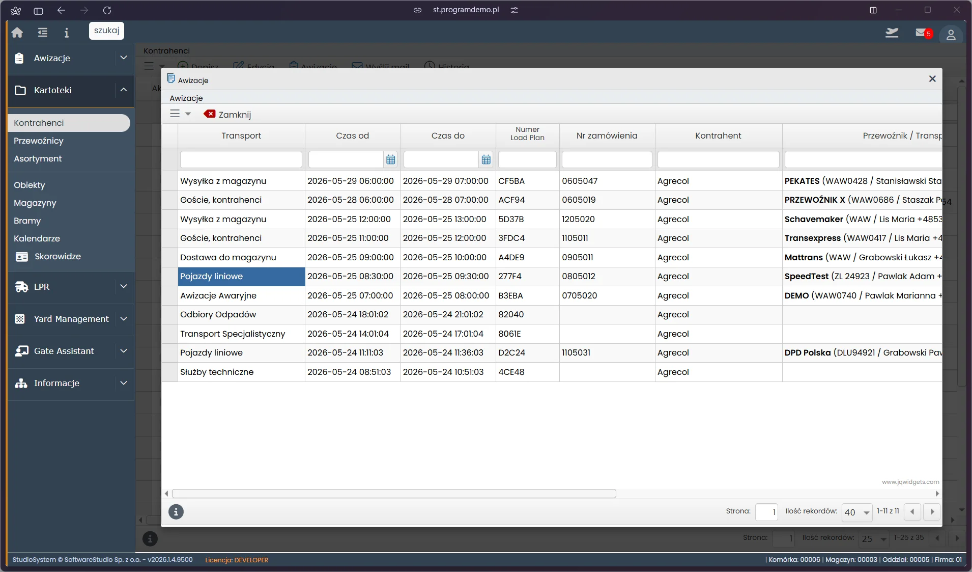 Studio VSS.net - historia awizacji i transportów kontrahenta z listą zdarzeń i statusów