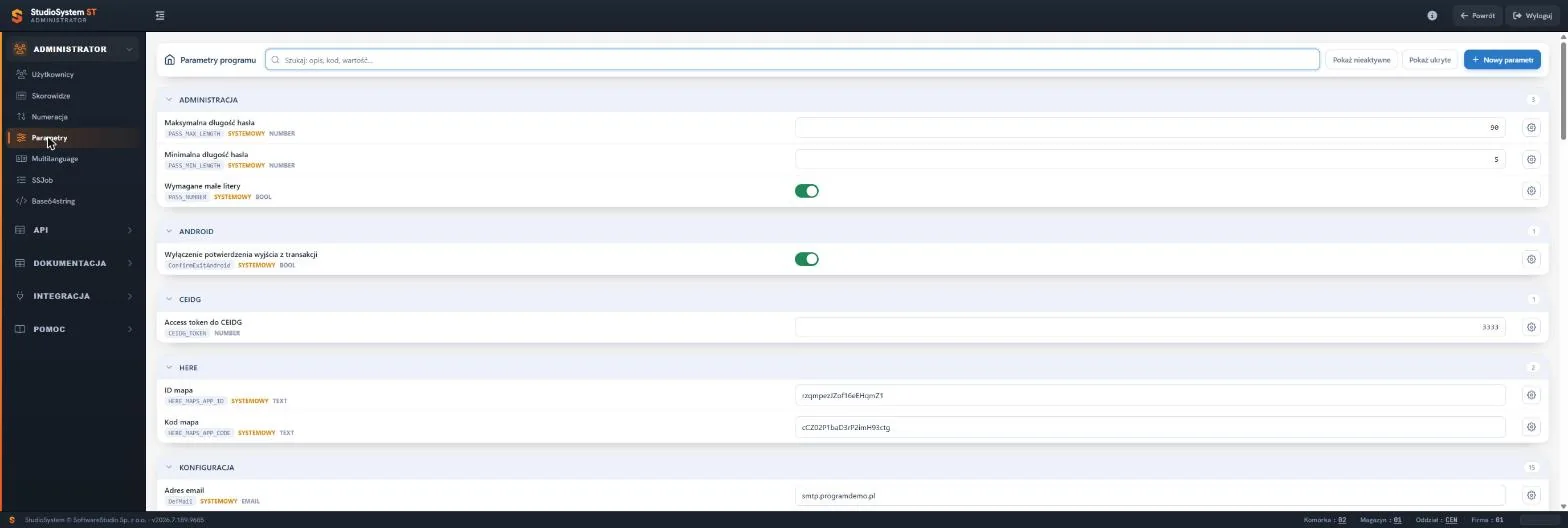 Parametry programu VSS.net - konfiguracja pogrupowana tematycznie z wyszukiwarką, polami wartości i przełącznikami