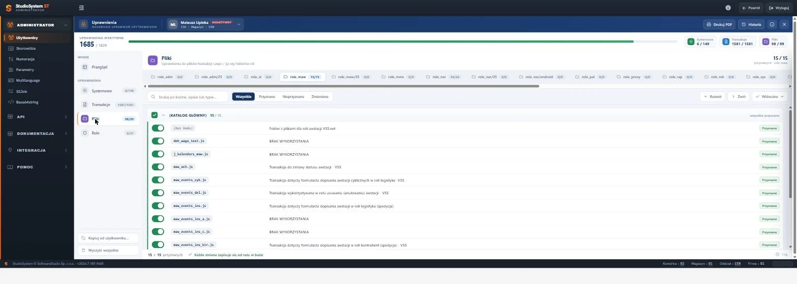 Uprawnienia plikowe VSS.net - lista plików transakcji aspx i js pogrupowanych według folderów ról