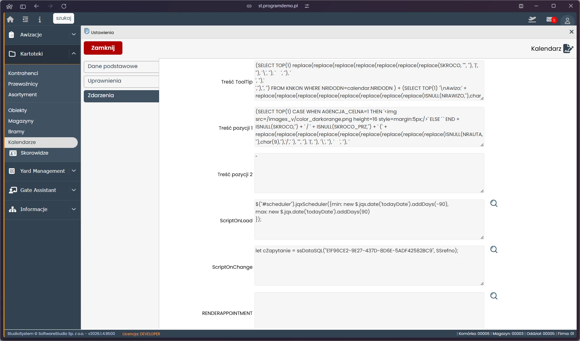 Studio VSS.net – Ustawienia kalendarza – zakładka Zdarzenia z SQL i JavaScript